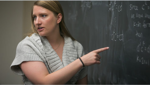 Future teacher pointing at a chalk board